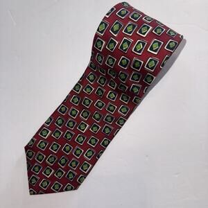 Lands’ End 100% Silk Tie Red Geometric Print Hand Sewn USA Vintage Mens Necktie